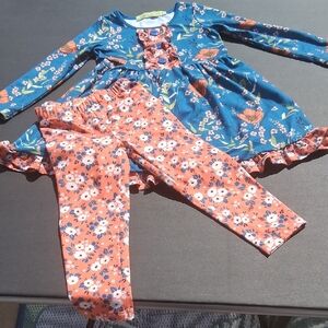 Millie Loves Lily Girls Floral Matching Set - Blue Top & Coral Floral Leggings